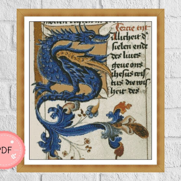 Blue Dragon Cross Stitch Pattern,Religious,Christian Icon,Full Coverage,Medieval Illuminated Manuscript