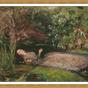 May include: A painting of a woman lying in a stream of water. She is surrounded by green foliage and white flowers. The water is dark and murky, and the woman's face is pale and lifeless.