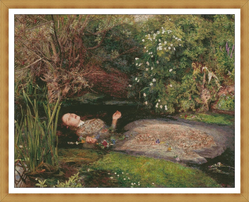 May include: A painting of a woman lying in a stream of water. She is surrounded by green foliage and white flowers. The water is dark and murky, and the woman's face is pale and lifeless.