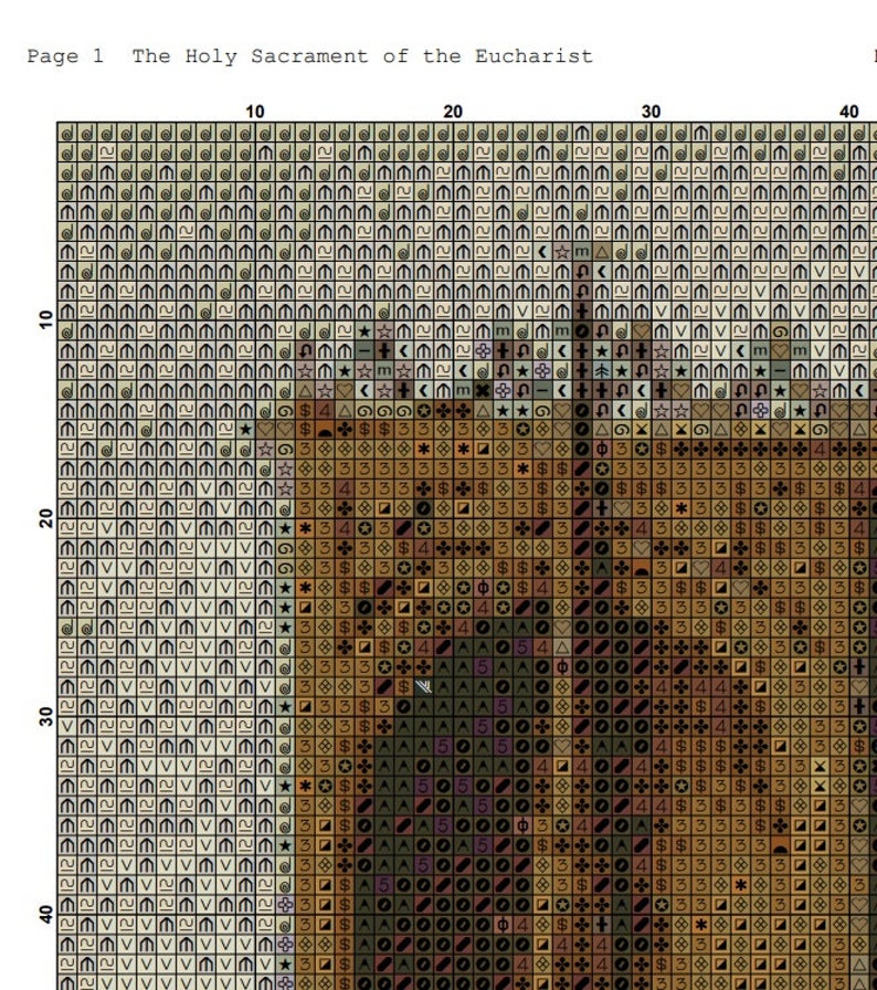 May include: A detailed cross-stitch pattern, featuring a religious scene with the text "Page 1 The Holy Sacrament of the Eucharist." The design uses various symbols and colors, creating a complex and textured image.