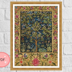 May include: A cross-stitch pattern featuring a detailed image of a tree with flowers and leaves in a colorful frame. The tree is surrounded by a border of floral designs in shades of pink, yellow, and green.