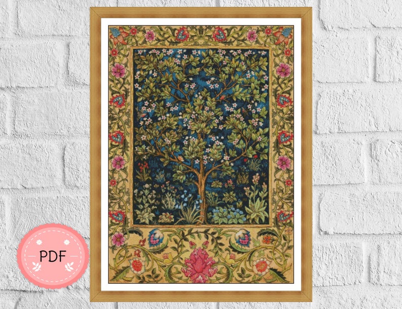 May include: A cross-stitch pattern featuring a detailed image of a tree with flowers and leaves in a colorful frame. The tree is surrounded by a border of floral designs in shades of pink, yellow, and green.