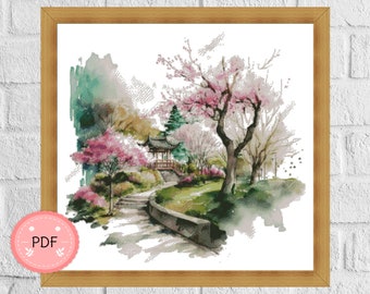 Sakura Park Cross Stitch Pattern: Japanese Garden Scene (PDF File)