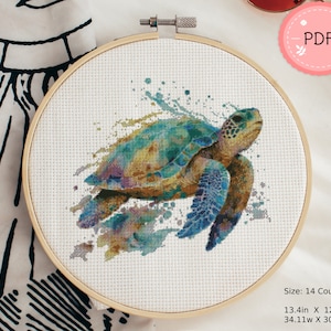 Colorful Sea Turtle Cross Stitch Pattern  , Instant Download ,Watercolor, Ocean Wave  ,Under Sea , Sea Landscape