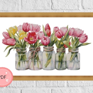 Kruissteekpatroon, tulpenbloemen in een glazen pot, roze tulp, pdf, instant download, bloem X steekdiagram, volledige dekking, bloemen