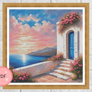 Cross Stitch Pattern,Greek Island House With Sea View,Pdf Instant Download,Greece Cityscape,X Stitch Chart,Santorini,Mykonos,Full Coverage