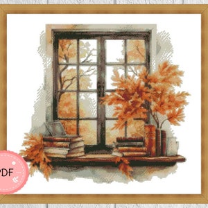 Buch Kreuzstich Muster, Herbst Fenster mit Büchern, Aquarell, Pdf Sofort Download, Natur Motiv