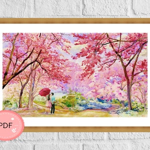 Cherry Blossom Love Cross Stitch Pattern , Japanese Garden , Pdf File , Romantic Couple , Asian Style