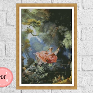 May include: A painting depicting a woman in a pink dress swinging on a rope swing in a verdant forest. The woman is smiling and her hair is flowing in the breeze. The painting is set in a romantic and idyllic location.