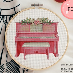 Pink Piano Cross Stitch Pattern, Piano And Flowers, Pdf  Instant Download , Watercolor X Stitch,Instrument