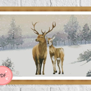 Hirsche Kreuzstichmuster , X Stichvorlage , Winterlandschaft , Wild Life , Snowy Mountain , Digitale Datei