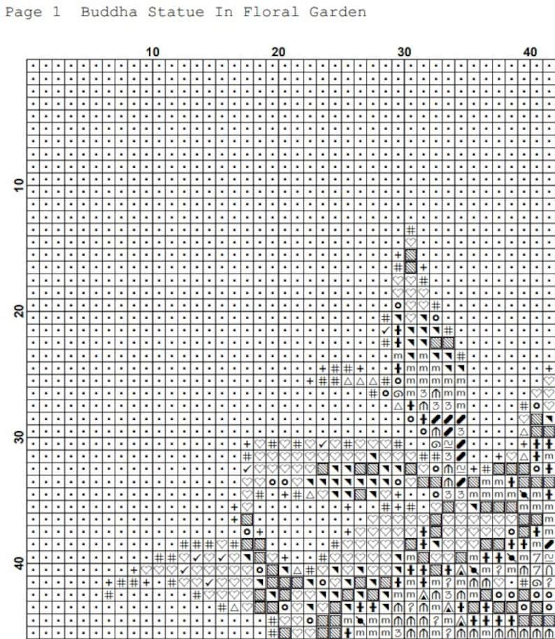 May include: Black and white cross-stitch pattern for a Buddha statue in a floral garden. The pattern includes symbols for different stitches, such as "m" for a half-cross stitch and "#" for a full cross stitch.