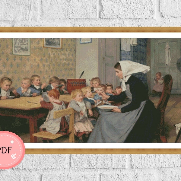 Cross Stitch Pattern,Kindergarden,Albert Anker,PDF,Instant Download,Famous Painting,Full Coverage,Teacher And Students