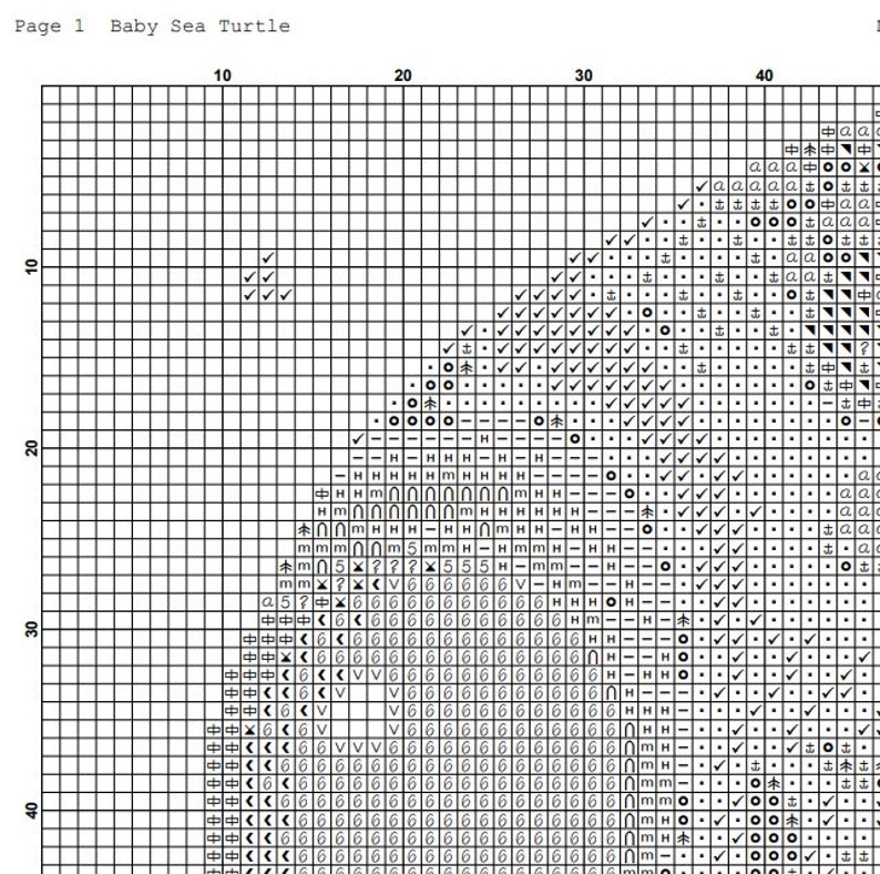 Puede incluir: Un gr&aacute;fico de patr&oacute;n de punto de cruz titulado "Baby Sea Turtle" con una cuadr&iacute;cula de cuadrados. El gr&aacute;fico utiliza s&iacute;mbolos como marcas de verificaci&oacute;n, c&iacute;rculos y letras para guiar la costura. El dise&ntilde;o es una imagen pixelada detallada de una tortuga marina.
