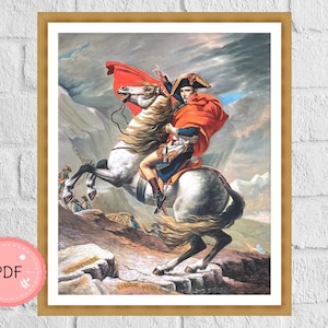 Pode incluir: Uma pintura de Napoleão Bonaparte a cavalo, vestindo um uniforme vermelho e azul, cavalgando por uma paisagem montanhosa. A pintura é intitulada "Napoleão cruzando os Alpes".