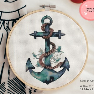 Padrão de ponto cruz de âncora azul, tema náutico, design de bordado diy, projeto de bordado costeiro, gráfico de ponto cruz imprimível, marítimo
