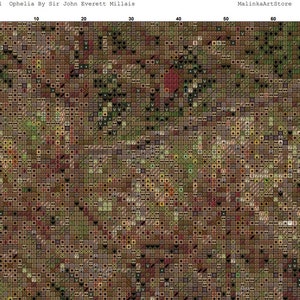 May include: A detailed cross-stitch pattern of the painting "Ophelia" by Sir John Everett Millais. The pattern features a variety of colors, including greens, browns, and reds, and depicts a woman lying in a stream of water surrounded by flowers.