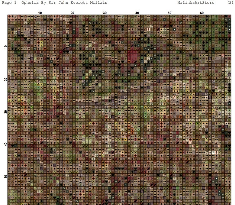 May include: A detailed cross-stitch pattern of the painting "Ophelia" by Sir John Everett Millais. The pattern features a variety of colors, including greens, browns, and reds, and depicts a woman lying in a stream of water surrounded by flowers.
