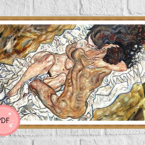 クロスステッチパターン、抱擁、エゴン・シーレ、PDF、即時ダウンロード、有名な絵画、情熱的なカップル、フルカバレッジ、愛、ロマンチック