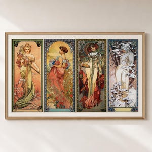 May include: A framed rectangular wall art print featuring four vertical panels depicting women representing the seasons. The artwork uses muted tones of green, pink, gold, and white, with intricate decorative borders surrounding each individual figure.