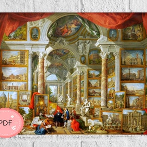 Puede incluir: Una pintura que representa un gran salón lleno de obras de arte enmarcadas, que muestran diversas escenas de la antigua Roma. El salón está adornado con columnas y arcos, creando una sensación de grandeza y profundidad. Varias figuras están presentes, incluyendo artistas y mecenas, añadiendo un toque de presencia humana a la escena.