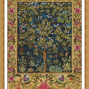 May include: A framed cross-stitch embroidery depicting a stylized tree with a blue background and a floral border. The tree is surrounded by smaller flowers and plants, and the border is filled with intricate floral designs.