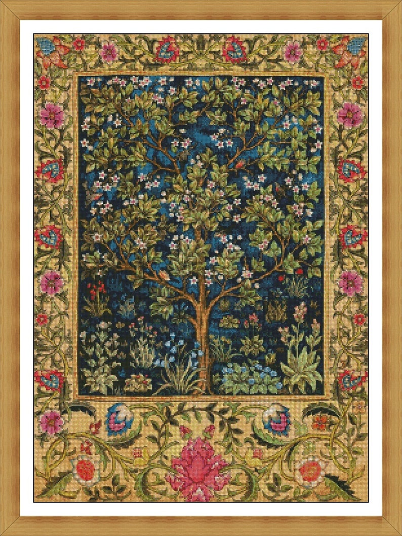 May include: A framed cross-stitch embroidery depicting a stylized tree with a blue background and a floral border. The tree is surrounded by smaller flowers and plants, and the border is filled with intricate floral designs.
