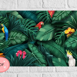 Tropical Life Cross Stitch Pattern, Instant Download ,  Jungle X Stitch Chart ,Tropical Birds And Flowers , Hibiscus And Plants
