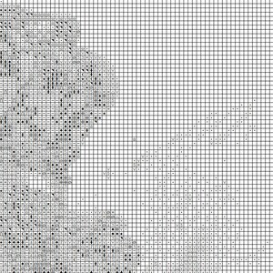 以下が含まれることがあります： グリッド上に印刷された白黒のクロスステッチパターンチャート。デザインは、正方形の中に様々な記号、文字、幾何学模様が密集して配置されており、ページの左側に部分的な画像が形成されています。