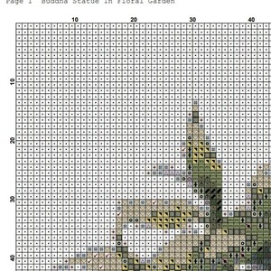 May include: A cross-stitch pattern featuring a Buddha statue in a floral garden. The pattern uses a variety of colors, including green, brown, yellow, and white.