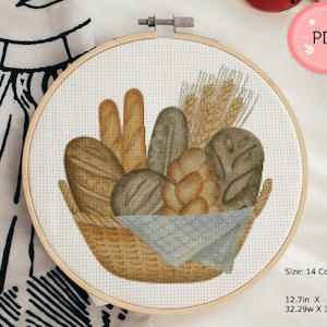 Cross Stitch Pattern,Breads In The Basket,Pdf,Instant Download ,X Stitch Chart,Watercolor,Wheat,Homemade Bread,Fresh Bread,Kitchen