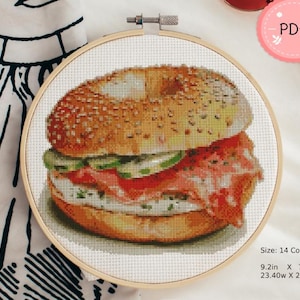 Könnte beinhalten: Kreuzstich-Stickerei eines Bagel-Sandwiches mit Lachs, Gurke und Frischkäse, präsentiert in einem Holzreifen. Das Design weist detaillierte Stiche und realistische Farben auf, mit den Maßen 23,40 cm x 20,14 cm.