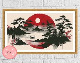 May include: A digital painting of a Japanese landscape with a red sun, black trees, and a small boat on a lake. The painting is framed in a wooden frame.