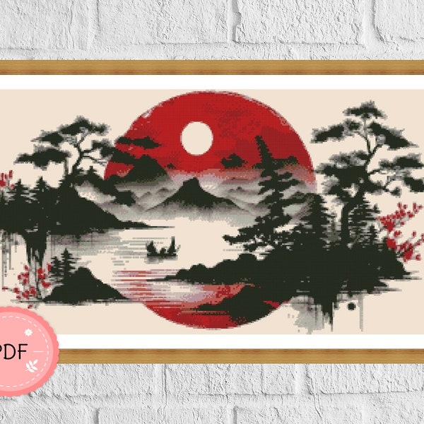 Asian Cross Stitch Pattern,Japanese Morning Sun,Watercolor Landscape, Asian Landscape, Pdf File , Asian Style, Forest And Mountains