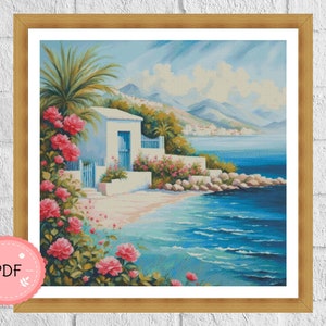 Cross Stitch Pattern,Mediterranean Coastal Village,Island House,Sea View,Pdf,Instant Download,Greece,X Stitch Chart,Santorini,Full Coverage