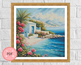 Santorini Cross Stitch Pattern: Mediterranean Island Village (PDF)