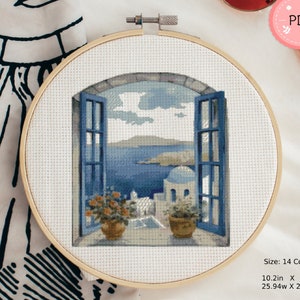 Cross Stitch Pattern,Greek Island View From The Window,Pdf, Instant Download,Greece Cityscape,X Stitch Chart,Santorini,Mykonos,Sea Landscape