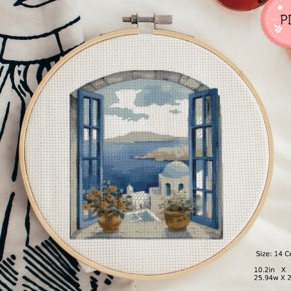 Cross Stitch Pattern,Greek Island View From The Window,Pdf, Instant Download,Greece Cityscape,X Stitch Chart,Santorini,Mykonos,Sea Landscape