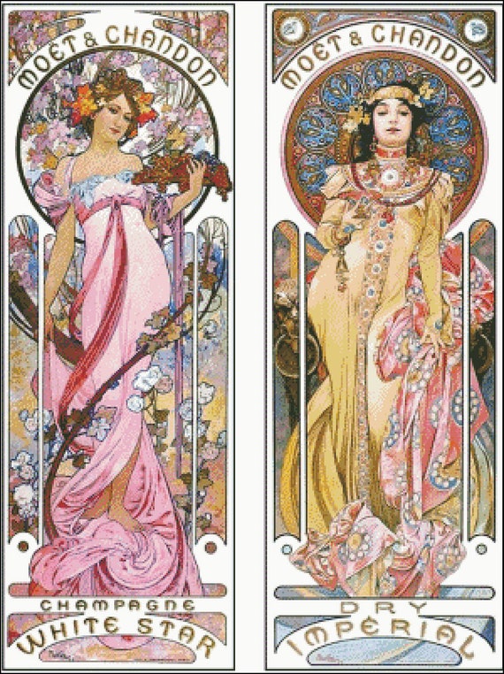 Moet Lady in Pink Gown by Alfons Maria Mucha Counted Cross Stitch Pattern Moet Lady in Pink Gown by Alfons Maria Mucha Counted Cross Stitch Pattern
