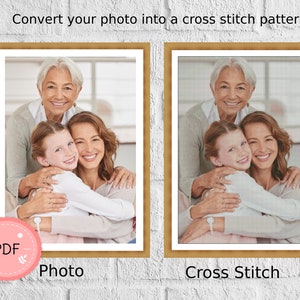Può includere: Una foto di tre generazioni di donne che si abbracciano. L'immagine è mostrata accanto a uno schema di punto croce della stessa foto.