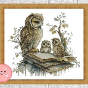 Book Cross Stitch Pattern,Owl Family Reading Book,Pdf ,Instant Download,X Stitch Chart,Book Lovers,Watercolor,Owl And Books