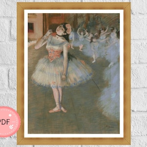 May include: A painting of a ballerina in a white tutu with a pink bodice, performing on stage with other dancers in the background. The painting is done in a soft, impressionistic style with muted colors.