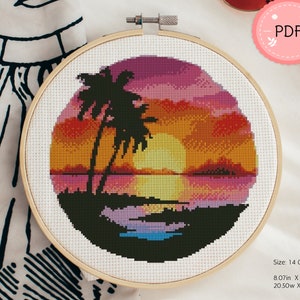 Cross Stitch Pattern,Sunset With Plams,Ocean Wave ,Pdf,Instant Download , Sea X Stitch Chart,Beach Needlework,Coastal