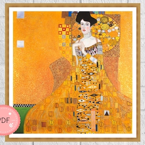 Puede incluir: Una pintura de una mujer con un vestido dorado con un patrón geométrico. El fondo es de color amarillo y dorado con un patrón de mosaico.