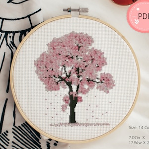 Cross Stitch Pattern ,Cherry Blossom Tree ,Instant Download  ,PDF, Botanical,Watercolor  Sakura Tree,Pink