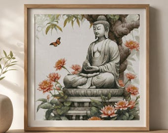Buddha and Lotus Flowers Cross Stitch Pattern (PDF Format)