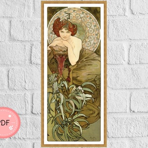 Emerald Cross Stitch Pattern,Alphonse Mucha , Pdf , Instant Download,Full Coverage,Famous Painting,Art Nouveau,The Precious Stones