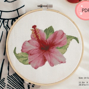 Patrón de punto de cruz de hibisco rosa, Pdf, descarga instantánea, gráfico de puntada X floral, flor tropical de acuarela, Hawái