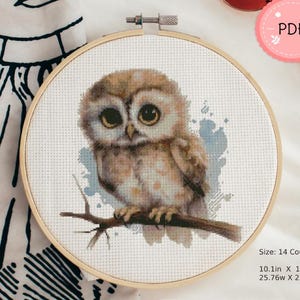 Cross Stitch Pattern,Baby Owl, Pdf,Instant Download ,Watercolor,X Stitch Chart,Baby Animal,Branch