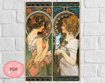 Primrose Cross Stitch Pattern , Alphonse Mucha , Pdf  Instant Download , X Stitch Supplies ,, Art Nouveau